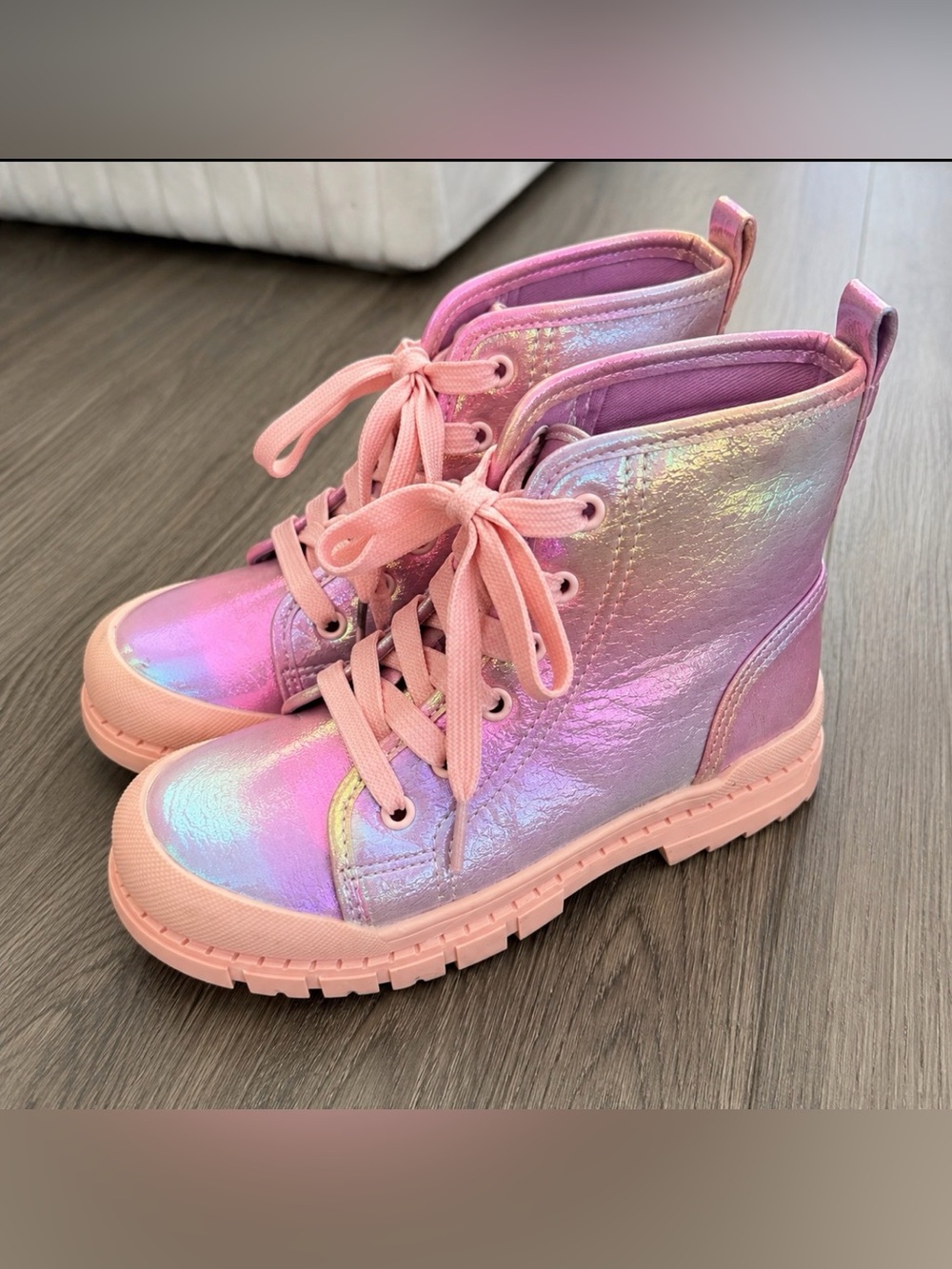 Primark Girls Iridescent Pink Metallic Combat Boots Size 13